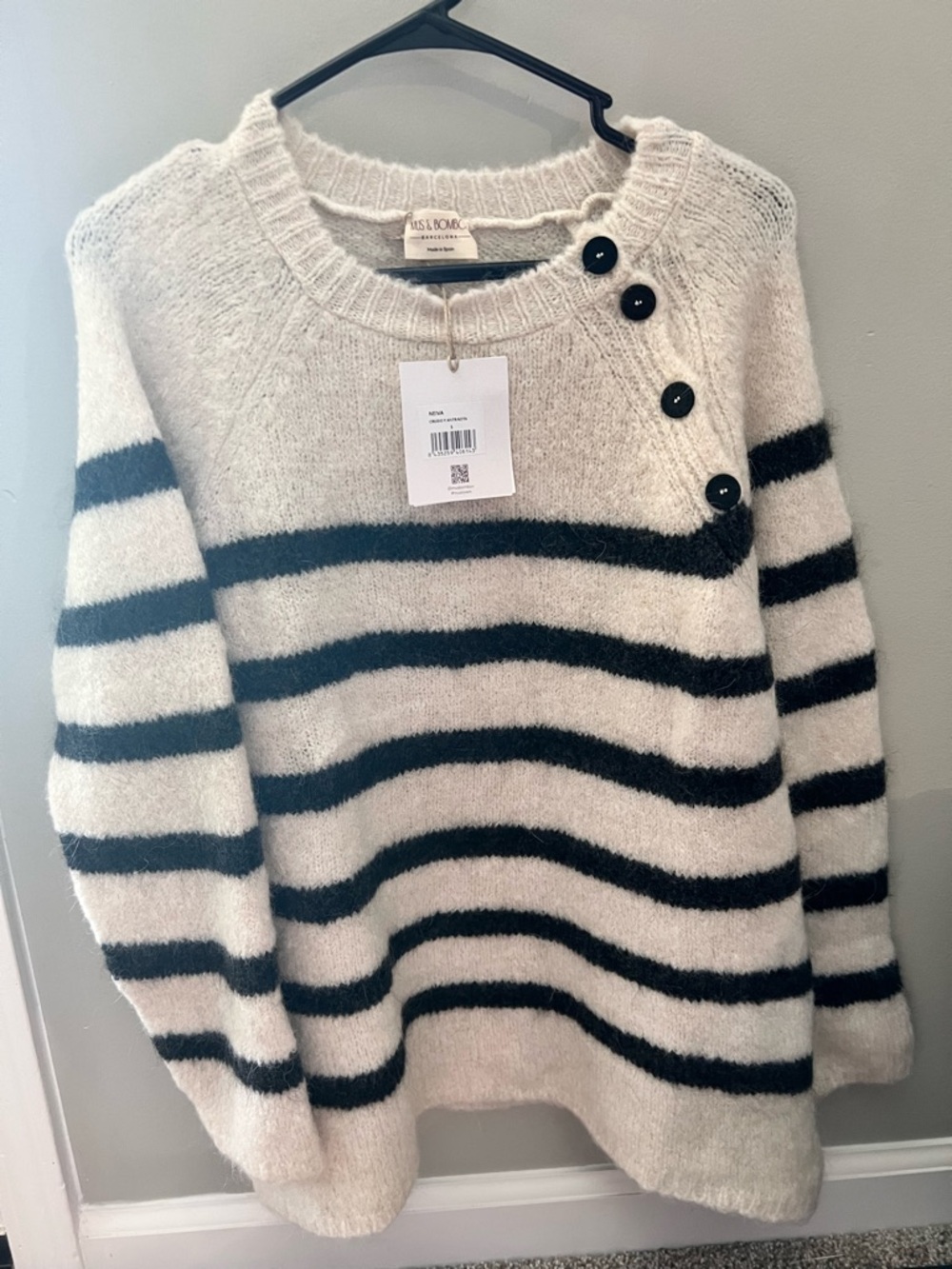 Striped Crewneck Sweater with Shoulder Buttons - Cream & Black